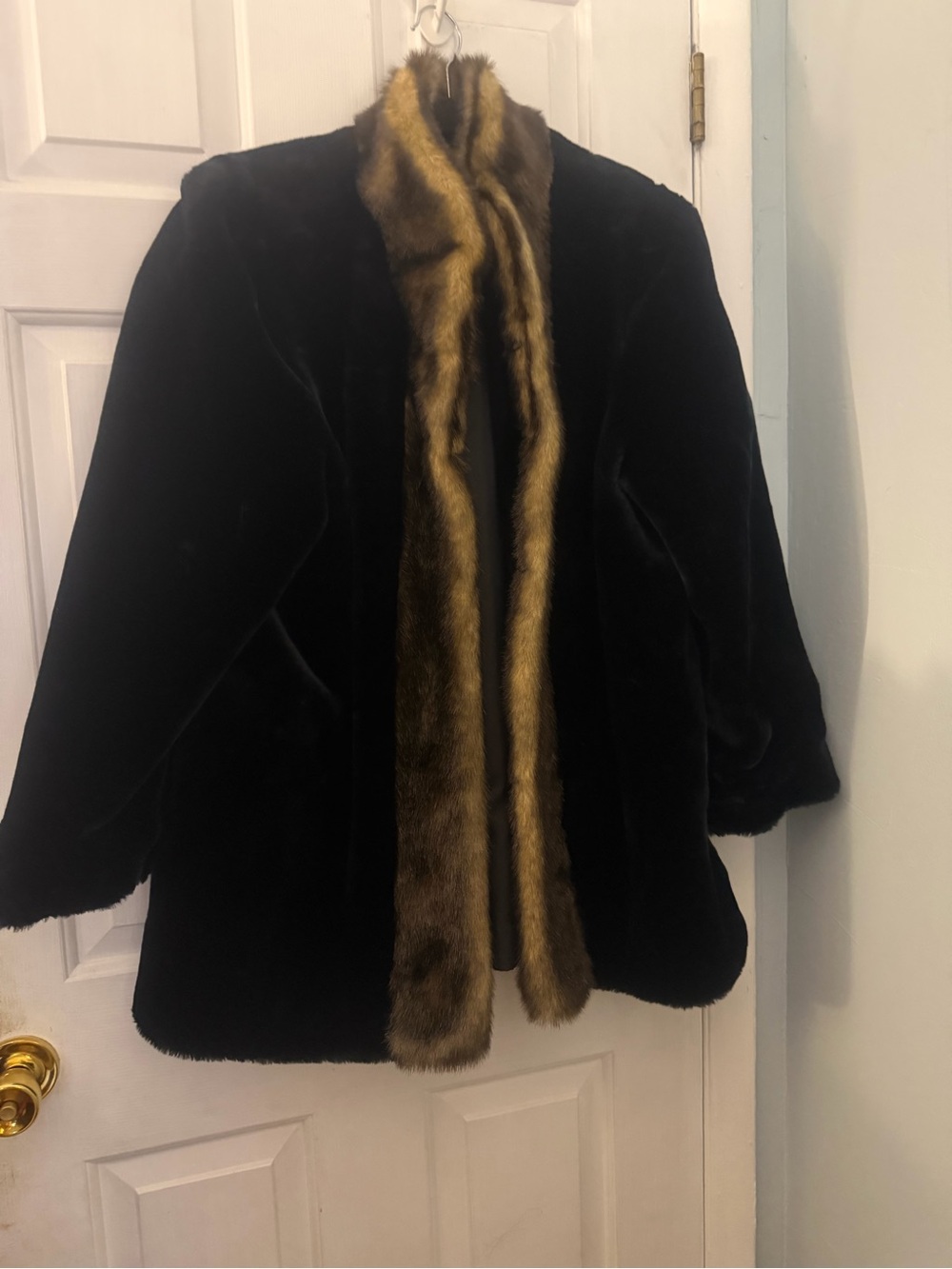 Olympia Vintage Faux Fur Coat Black Brown Fur Trim Made in USA Large